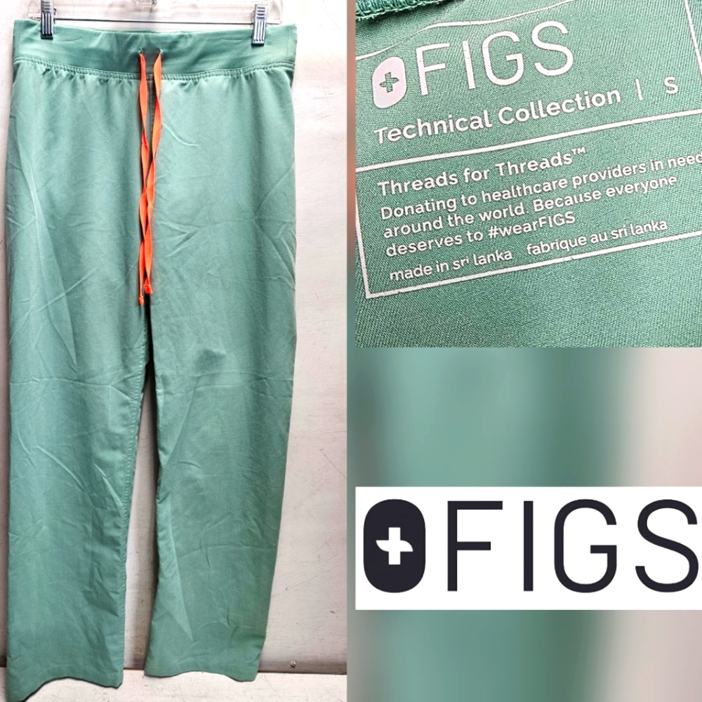 FIGS Livingston Basic Scrub Pants Seaglass w/ Orange Drawstring Womebs Small